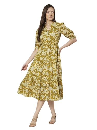 Image of PIDAVLIYA'S Women's Cotton Floral Printed Midi Dress | V-Neck Fit & Flare Dress with Puff Sleeves | Casual Summer Wear