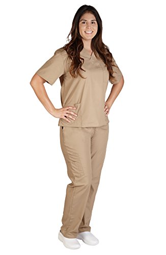Natural Uniforms Solid V-Neck Women's Scrub Set Medical Scrub Tops and Pants (Medium, Khaki)