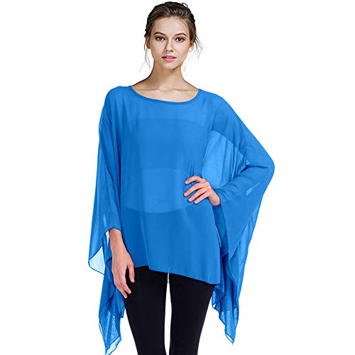 Womens Summer Solid Sheer Batwing Blouse Chiffon Caftan Poncho Tunic Top Plus Size Cover up (Turquoise, One Size)