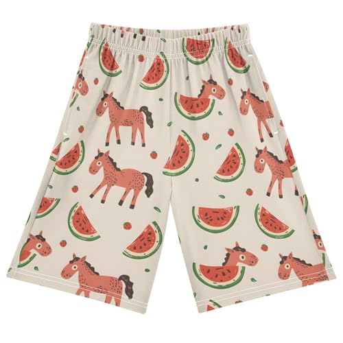 ALAZA Horse Watermelon Fruit Leaf Pajama Shorts Elastic Waist Casual Sleep Shorts with Pockets Size 6-14