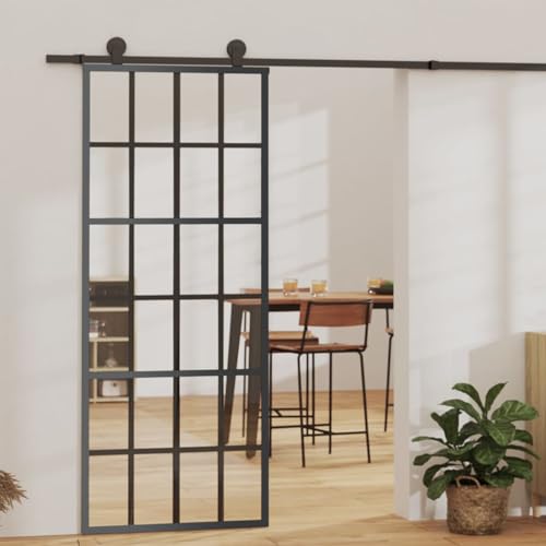 Gecheer Puerta, corredera, con juego de riel, kit de montaje, de cristal ESG y aluminio, 76 x 205 cm, juego de puertas giratorias con kit riel, puerta corredera de cristal y aluminio, rejillas 6 x 4