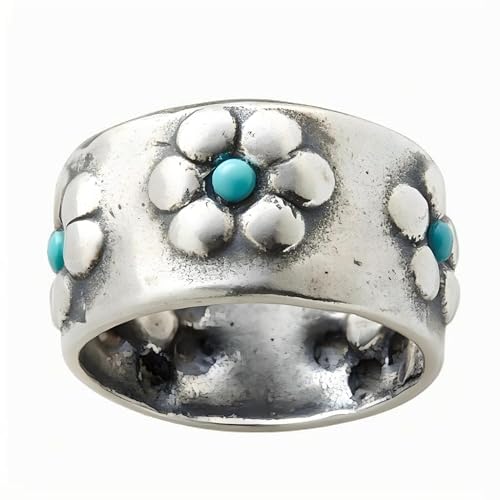 Chunky Silver Ring For Wemen, Retro Flower Turquoise Elegant Daily Wear Mood Elden Hammered Ring Jewelry Promise For Couples Gift