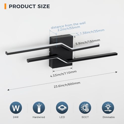 Image of 24 Inch Vanity Light for Bathroom Lighting Fixtures Over Mirror Black Dimmable 5CCT 24W Modern Bath Vanity Lights Bar Wall Sconces
