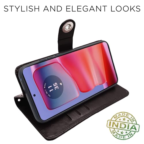 Image of Pikkme Moto Edge 50 Pro 5G Flip Cover Leather Finish | Inside TPU with Card Pockets | Wallet Stand and Shock Proof | Complete Protection Button Flip Case (Coffee)