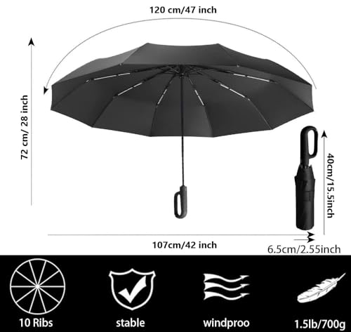 Image of Umbrella for Men Women || Folding Umbrella With Carabiner Handle || 10 Reinforced Ribles || Windproof and Sunproof || Auto Umbrella Big Size for Men /Women /Kids