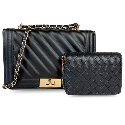 sea tear – Bolso Mujer Elegante Negro con Cadena Ajustable a Dos Alturas, Monedero a Juego y Toques Dorados Sofisticados | Bolso Pequeño Tipo Bandolera para Fiesta, Diario y Regalo