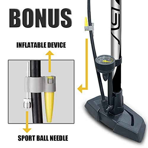 Image of BV Bicycle Pump Durable Bike Floor Pump 17 /24 inch Smart Valve Head, 160 psi, Automatically Reversible Presta and Schrader