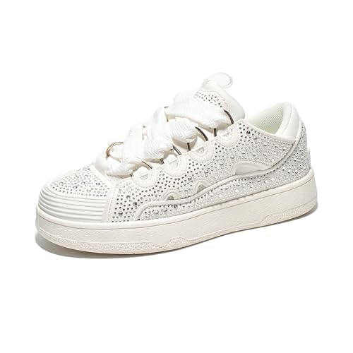 Cape Robin Marcy Womens Glitter and Rhinestone Platform Sneakers, Sparkly and Stylish Glitter Sneakers for Women - White Size 8