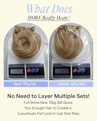Image of Full Shine Blonde Clip in Hair Extensions, 18 Inch 135g 7Pcs | Seamless Invisible Clip ins, Blonde Highlight Real Human Hair for Thick Hair, Straight Style, Weddings & Special Events