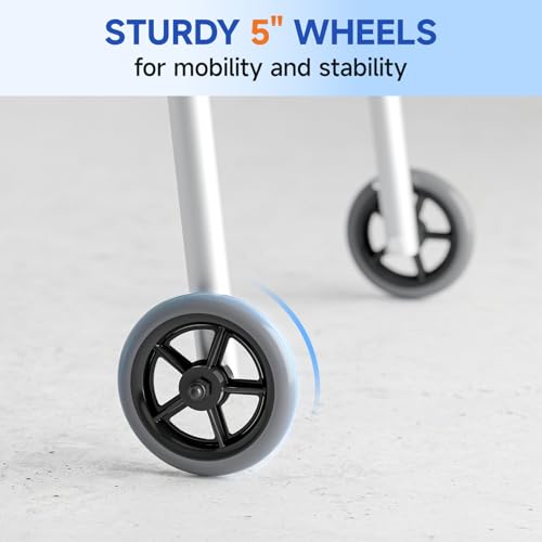 Image of Loyoda Folding Walker with Tray for Seniors, Walker with 5 inch Front Wheels | Lightweight Aluminum 2-Wheel Walker, Height Adjustable Standard Walkers, 350 lbs