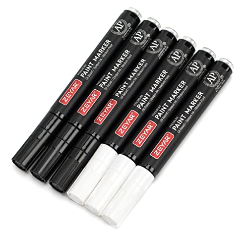 Zeyar Permanent Oil-Based Paint Markers, Medium Point, Waterproof Ink, Expert Of Rock Painting, Great On Mug, Rock, Glass, Canvas, Metal And More (3 Black&3 White) #TOP1