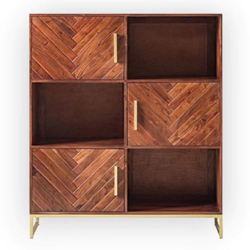 Image of Solid Wood Open Book Shelf with 3 Doors for Living Room, Bedroom, Studyroom, Hall & Home, Brown Colour, (115.062d x 39.878W x 142.24H cm)