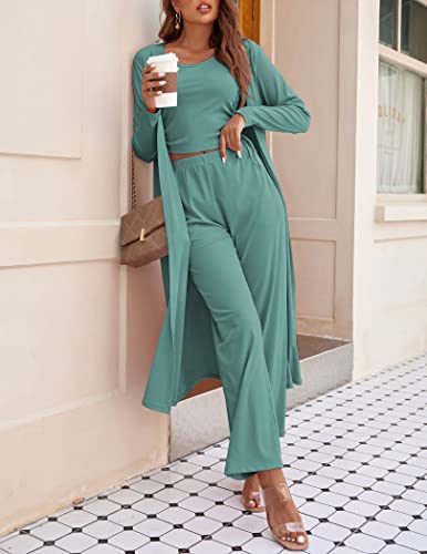 Image of Ekouaer Women's 3 Piece Lounge Set Pajama Long Sleeve Cardigan Sleeveless Top Pants Sweatsuit S-XXL