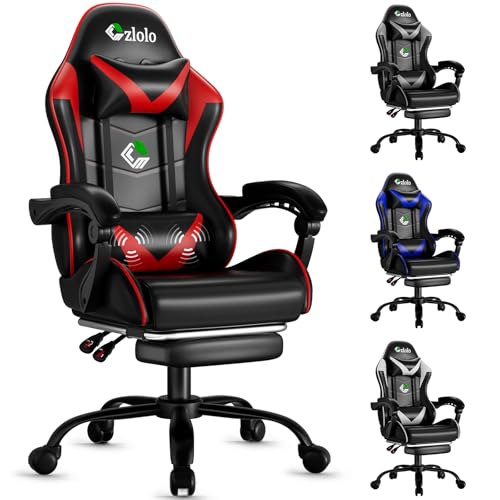 Czlolo Silla Gaming con Masajeador, Gamer-Sillas Gaming Racing Ergonómica Reclinable con Cervical y Reposapiés, Respaldo Alto y Reposabrazos Acolchados, para Adultos y niños, Ruedas 360°, Rojo