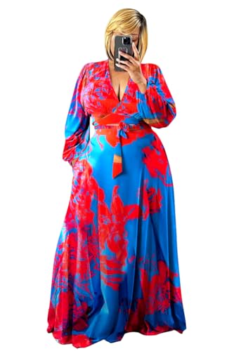 Image of Plus Size Women's 2 Piece Outfits Casual Long Sleeve Wrap Crop Top Maxi Long Dress Flowy Matching Sets