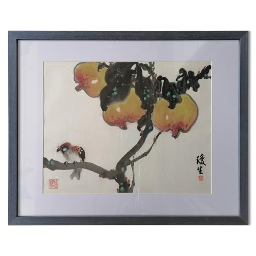 Peinture chinoise artisanale oiseau et fleur tableau fait main 40x50 cm