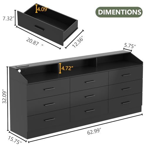 9 Drawers Dresser, Dresser for Bedroom with Power Outlet, Modern Chest of Drawers with LED Light, Storage Dressers with Open Storage Cubby, Dressers Organizer for Closet, Entryway, Living Room, Black