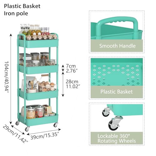 Image of Sywhitta 4-Tier Plastic Rolling Utility Cart with Wheels for Storage,Green | Multi-Functional Storage Trolley, for Office, Living Room, Kitchen, Bathroom,Movable Organizer,Space-Saving,Easy to assemble