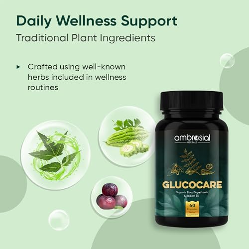 Ambrosial Glucocare Blood Sugar Control Tablets | Premium Herbal Formulation with Karela Jamun & Neem for Diabetes Care | Supports Healthy Blood Glucose Levels (Pack of 1-60 Capsules)