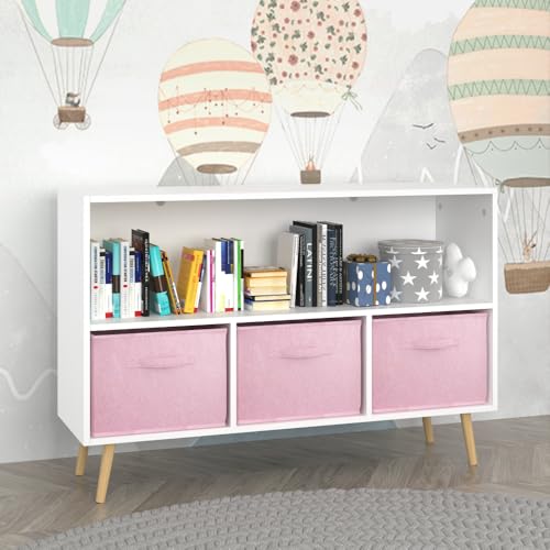 Image of PRINKROOMY 2-Tier Bookcase Bookshelf with Collapsible Fabric Drawers,Cute Book Display Storage Cabinet Organizer for Playroom Livingroom (White+Pink)