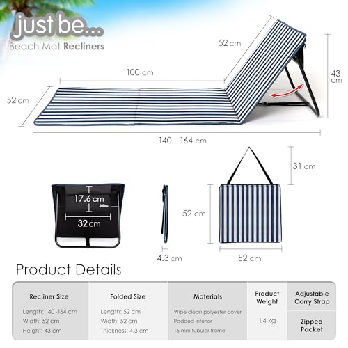 just be... Sonnenmatte für den Strand, klappbar, leicht, tragbar, verstellbare Sonnenliege mit Rückenlehne und Tasche für Wertsachen für Urlaub, Garten, Camping, Park und Festivals, Blaue Streifen