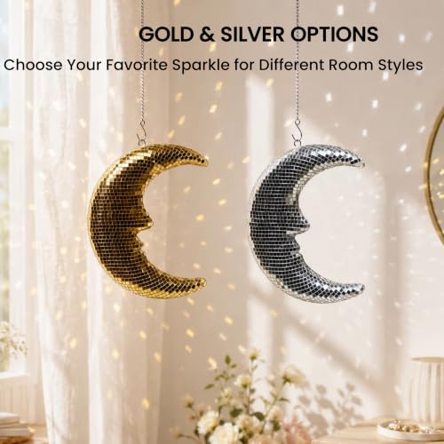 Image of Disco Ball Moon Decor 8.6 inch Gold Crescent Hanging Ornament with Chain & Hook | Reflective Disco Moon with Metal Chain and Hook, Crescent Decor for Wall, Window Hanging , Bedroom, Bar, and Holiday Decor