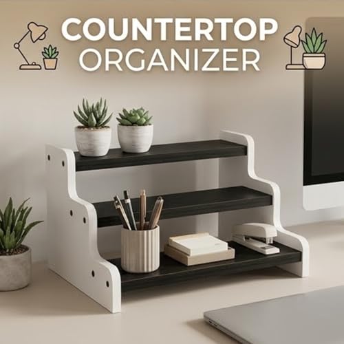 Image of Wooden 3 Tier Kitchen Organizer Rack for Countertop | Spice Rack Stand for Kitchen Counter | Masala Storage Shelf | Multipurpose Kitchen Storage Rack - Black-White