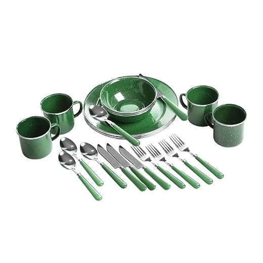 STANSPORT - Deluxe 24-Piece Enamel Tableware Set: Plates, Bowls, Mugs & Utensils (Green)