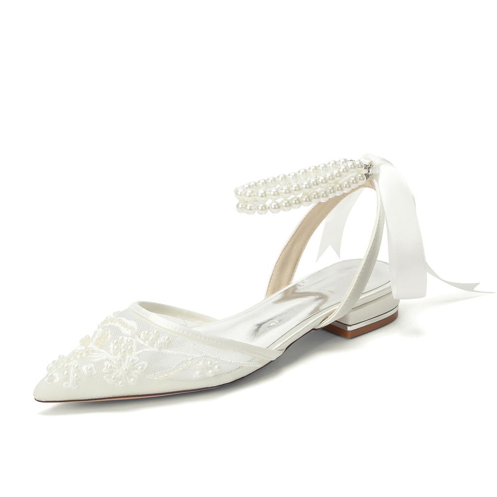 Generico Sandali Donna Sposa in Satin Pizzo Bassi Tacco Largo con Fiocco Ricamo Floreale Perle Cinturino alla Caviglia Scarpe Eleganti Matrimonio Festa