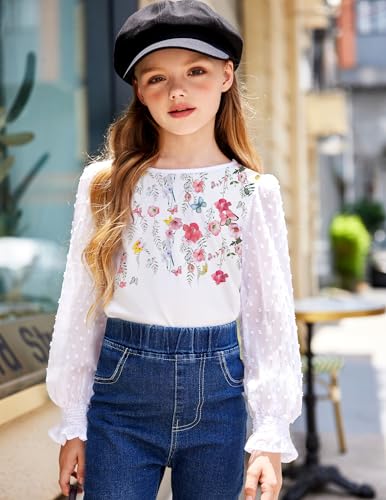 Image of Arshiner Girls Long Sleeve Shirt with Ruffle Cuffs Polka Swiss Dots Kids Girls Pullover Shirts Cute Crewneck Girls Top