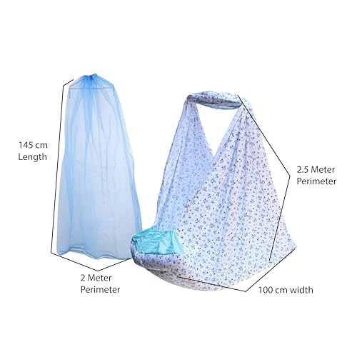 Image of beetot Baby Cradle Set Swing /Jhula (Thottil Cloth, Palna, Dolna) | Hanging Cradle with Removable Bed, Mosquito Net, Spring, Triangle Hanger | Up to 15 kg | 0-2 Years | PRE-Floral Print Blue