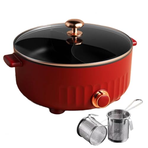 ARTSIM Appareil Fondue, 6 litres, 1350 Watts, 30cm De DiamèTre Fondue Chinoise Electrique Convient Aux FêTes d'anniversaire (avec 2 Filets Non éTanches),Red