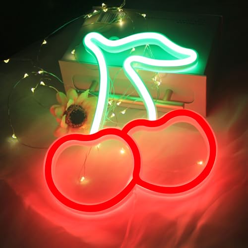 Image of Cherry Neon Sign Red Green Cherries Neon Lights Cute Fruits LED Signs for Kids Room Restaurant Bar Fruit Shop USB Battery Neon Signs for Wall Decor