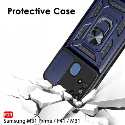 Image of TheGiftKart Tough Armor Bumper Back Cover Case for Samsung Galaxy M31 / F41 / M31 Prime | Ring Holder & Kickstand in-Built | 360 Degree Protection Back Case (PC & TPU, Sliding Camera Cover, Blue)