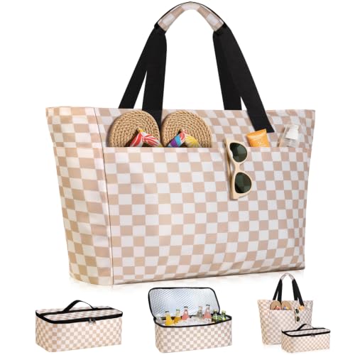 ISEYOU Beach Bag and Cooler Bag Set, Extra Large 45L Waterproof Beach Bags for Women with Zip, Foldable Family Beach Tote Bag with 8 Pockets, Ideal for Pool, Picnic, Shopping, Travel