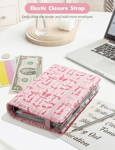 Image of A6 Budget Binder for Money Saving, PU Leather Budget Planner with 8 Cash Envelopes, Budget Sheets & Rose Gold Category Stickers, Money Organizer for Cash (Pink Bow)