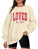 UNIQUEONE Valentines Sweatshirts for Women Love Sweatshirt Love Heart Graphic Pullover Cute Holiday Crewneck Long Sleeve Tops Beige