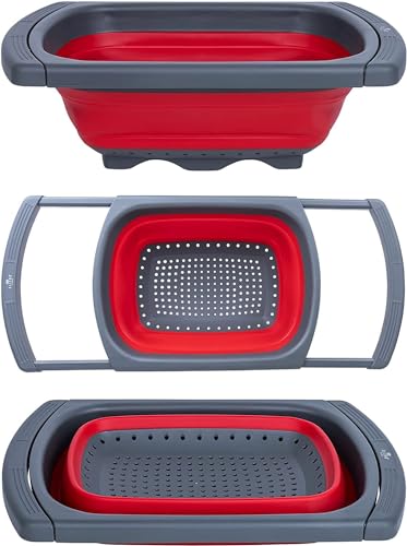 Collapsible Colander Strainer with Extendable Handles - Over the Sink Vegetable/Fruit Colanders Strainers for Kitchen, Capacity of 6 quart (Red)