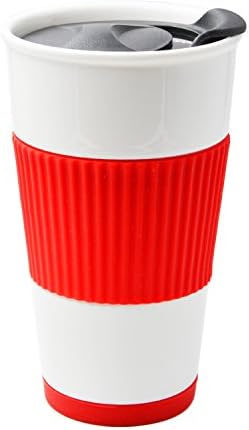 UDMG Ceramic Double Wall Insulated Travel Coffee Cup with Slider Lid, Silicone Sleeve & Built-In Coaster, 10 fl.oz (Red)