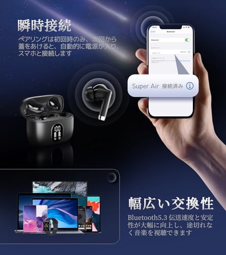 イヤホン bluetooth ワイヤレスイヤホン【2025年新型モデル】ブルートゥース ENCノイズキャンセリング Bluetooth5.3 自動ペアリング マイク付き カナル型 左右分離型 HiFi LEDディスプレイ最大30時間 再生 Type-C充電 小型/軽量 片耳/両耳 持ち運び便利 iOS/Android (ブラック)