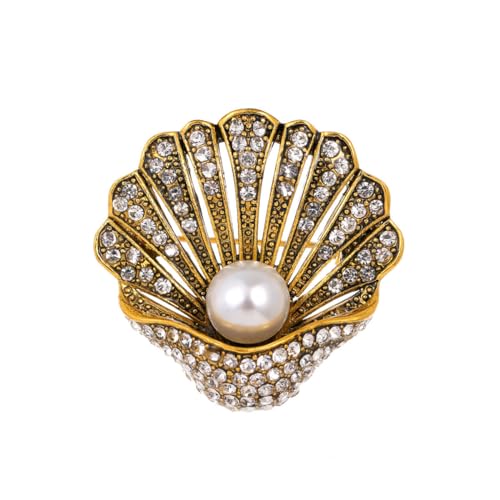 Image of Seashell Brooch Pin White Pearl Crystal Shell Lapel Pin Vintage Clam Shell Badges Women Men Suit Coat Jewelry Chic Dress Sweater Jacket Decors