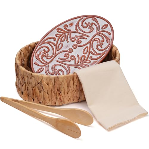 Bread Warmer Basket with Stone - Includes Linen Towel and Clips,Bread Baskets for Serving Tortilla,Sourdough,Terracotta Loaf Warmer Gifts for Hostess Gifts New Home,Sourdough Bakers,Mom Dad Birthday