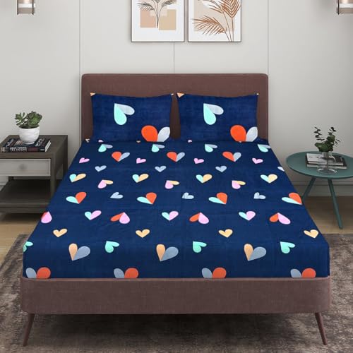 Image of ROMEE Elegant Floral Printed Glace Cotton Double Bedsheet, 144 TC Soft Feel, Flat Bedsheet Queen Size (90 x 100 Inches), with 2 Pillow Covers, Blue (BED527-A)
