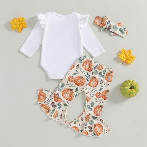 Baby Girls Halloween 3Pcs Outfits Long Sleeve O Neck Letters Romper Pumpkin Bell Bottoms Flare Pants Headband Sets3