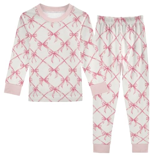 Cartoon Pajamas Set Pink Bow Plaid Pattern Long Sleeve PJs Cotton Jammies Sleepwear Top and Pants