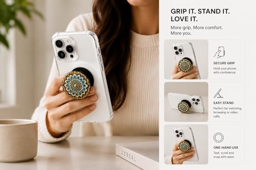 Image of Designer Phone Case Holder | Expanding Mobile Pop-up Grip for iPhone, Samsung, OnePlus & All Smartphones | Designer Phone Grip Mandala (Golden Blue)
