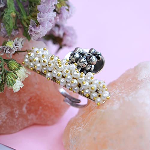 I Jewels Silver Oxidised Indian Wedding Bollywood Ethnic Adjustable Brass Finger Ring Embellished With ghungroo and pearl3