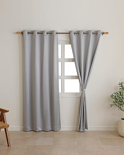 Image of The Home Story Pearl Grey Blackout Eyelet Long Door Curtains Set of 2, (9 Feet) 54 x 108 Inches, Room Darkening & Noise Reduction Curtains with Tiebacks