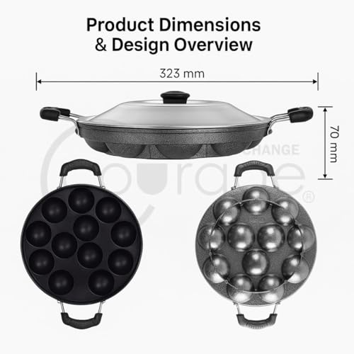 Image of Courage Non-Stick Appam Pan with 12 Cavities & Stainless Steel Lid | Appam Pan with Double Handle | Appam Maker | Litti Pan | Appam Pan | Dishwasher Safe (1, Black)