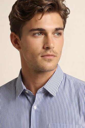 Image of Peter England Men's Regular Fit Full Sleeve Striped Formal Shirt | Cotton Rich | Wonder Fabric | Premium Dobby Weave